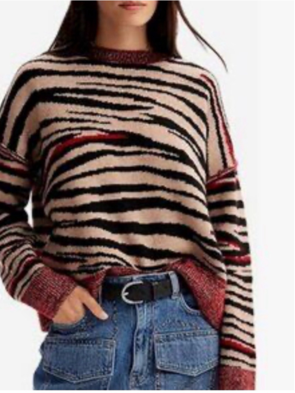 Desigual Zebra Print Sweater XS Red Black Beige Animal Print Knit Pullover